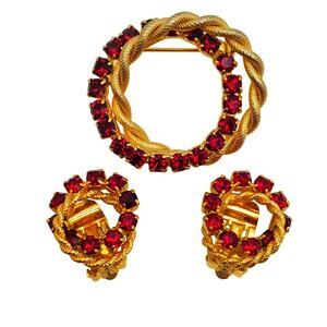 Gold Twisted Rope Brooch & Clip Earrings Red Rhinestones Crystal Vintage 60s Set